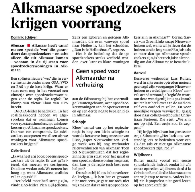 Amendement: Huisvestingsverordening aanpassen - Alkmaarse spoedzoekers